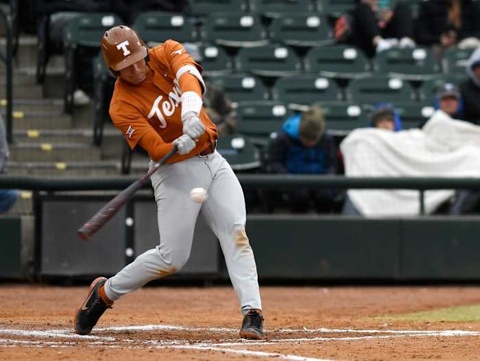 Texas' Ivan Melendez connects with a pitch early in the Longhorns' season. Melendez has multiple 400+ foot home runs this season.